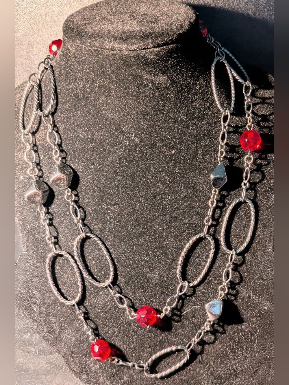 Elegant Silver-Tone Necklace with Red Faceted Beads - Long